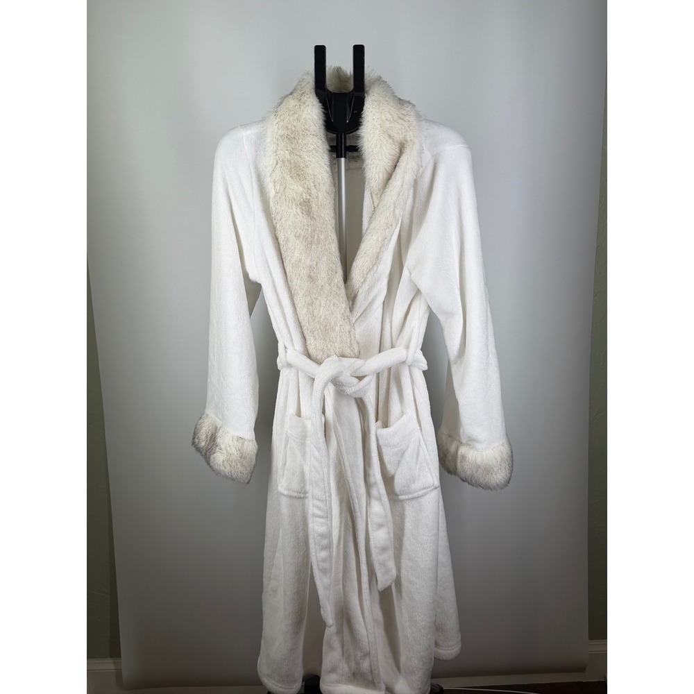 Shimera Womens White Plush Fleece Robe Faux Fur Trim Shawl Collar Large